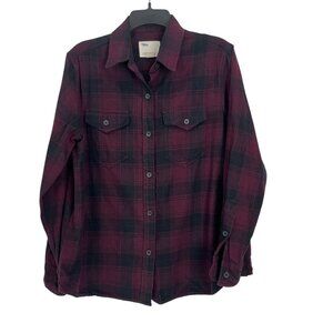 Tilley Womens Long-Sleeve Plaid Button-Up Shirt SZ L Cotton Blend BurgundY Black